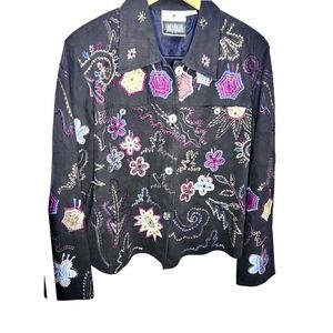 Vintage 90s Yak Magik Black‎ Silk Embroidered Retro Cotton Denim Jacket